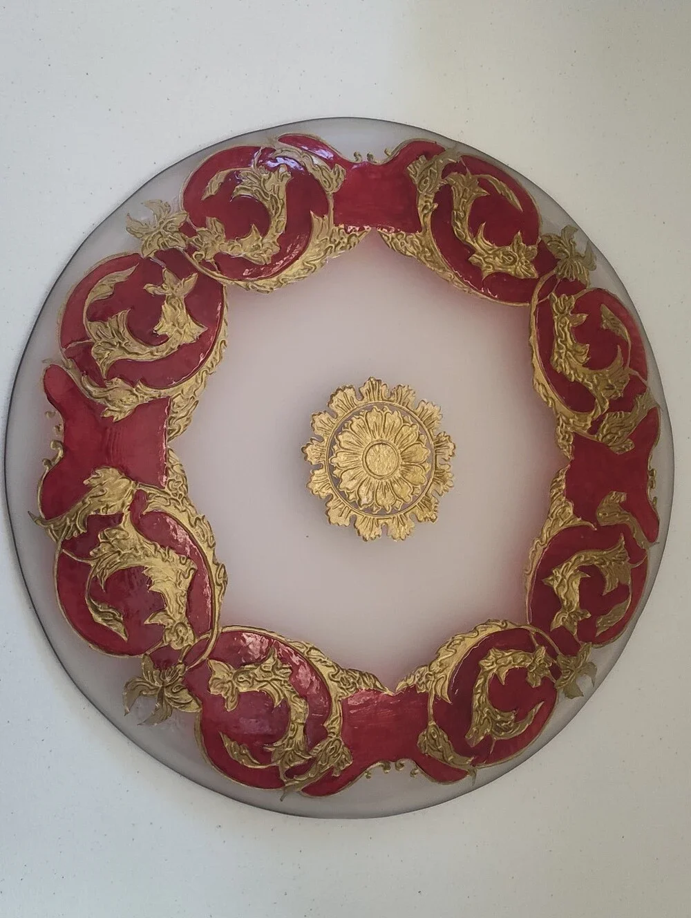 VTG MCM Red & Gold Opaque Hand Painted Decorative Charger Platter Plate 14”